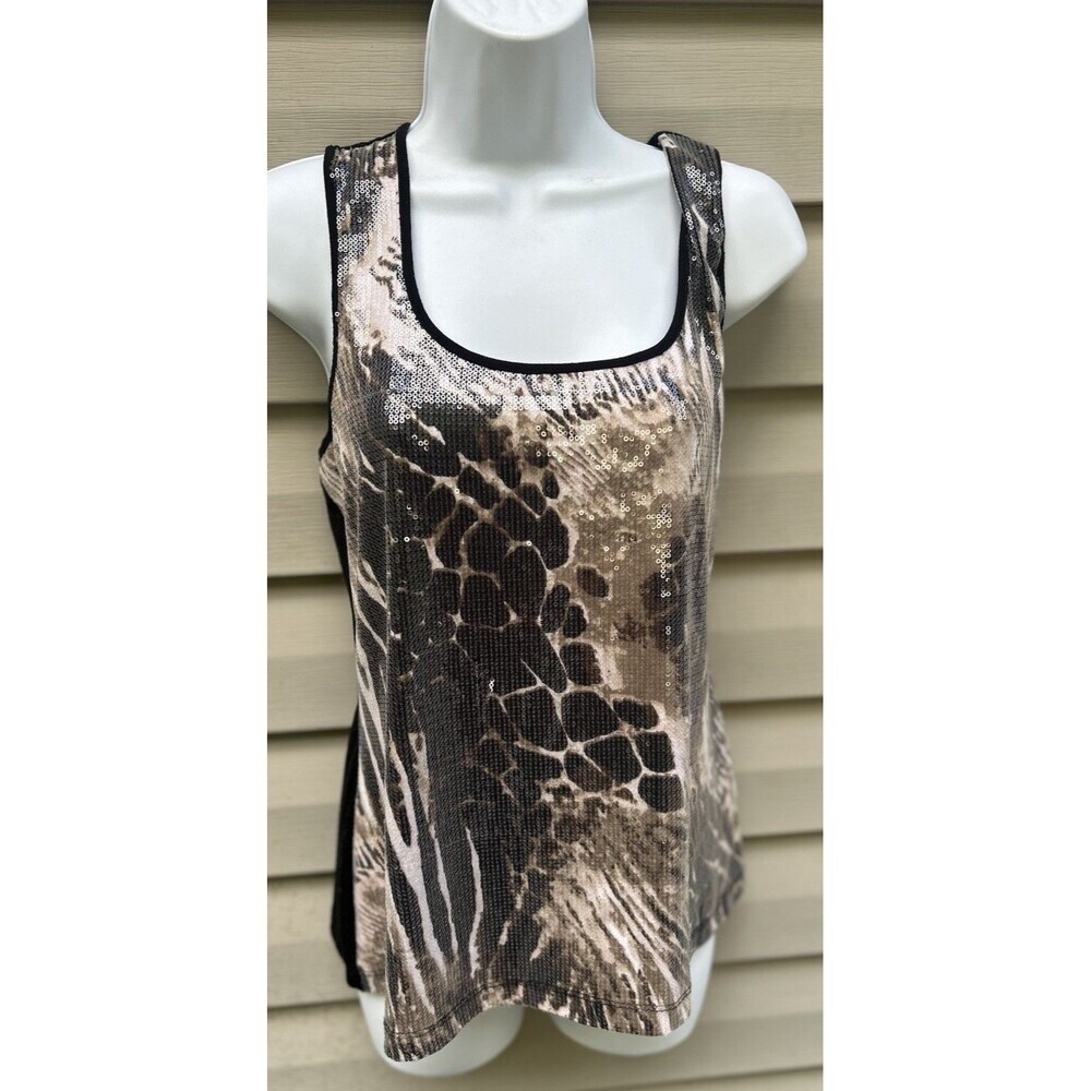 Vtg CACHE Sequin Embellished Animal Leopard Print Tank Top M Y2K Stretch Mobwife